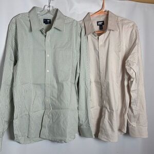 Set of 2 Lands End Mens Trad Fit Gingham Button Down Shirts Green Tan L 16-16.5